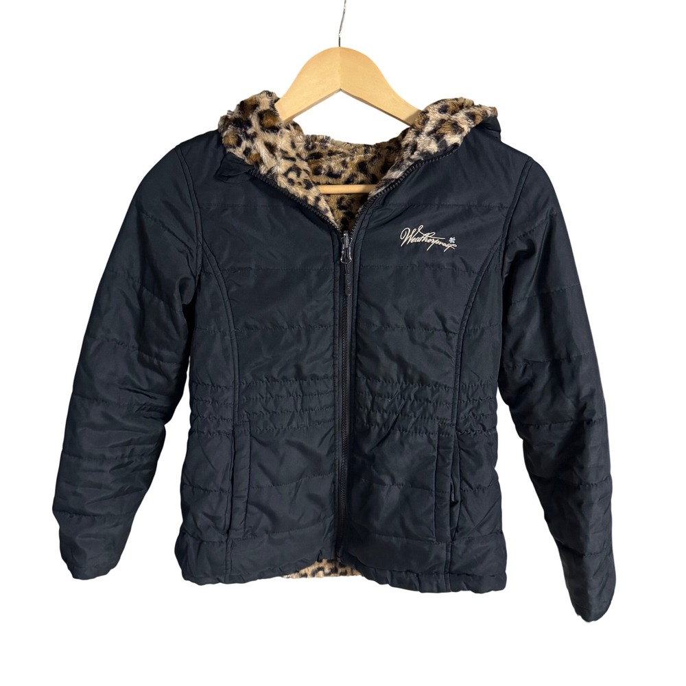 Weatherproof Girls Reversible Puffer Jacket Leopard Print Hooded Black Medium‎